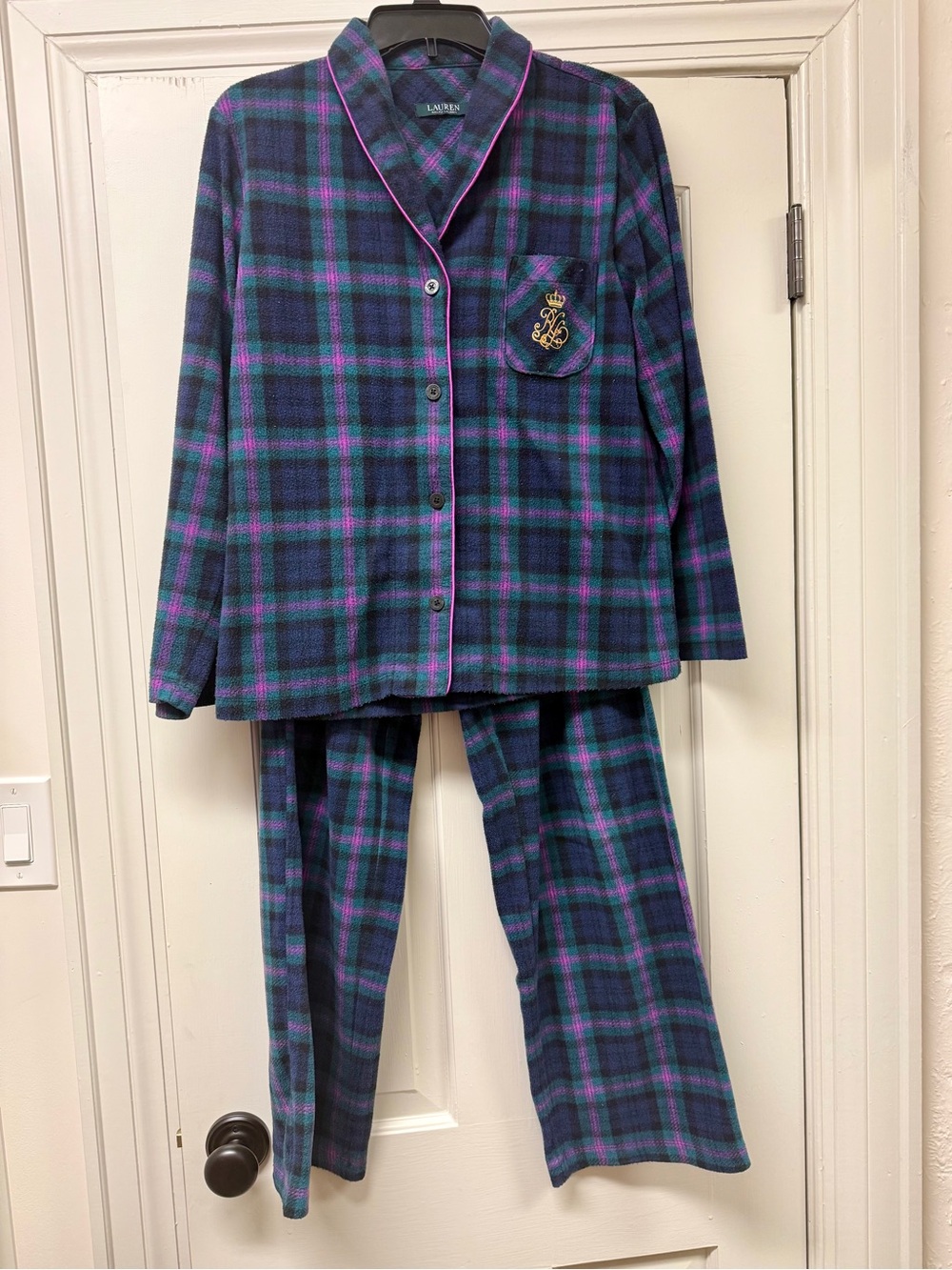 Ralph Lauren Purple Teal Pink Plaid Fleece Pajama Set Size M - Picture 2 of 15